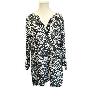 Black & White Floral Lightweight Beach Cover Up Tunic 100% Cotton